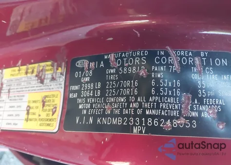 2008 Kia Sedona Lx z USA, uszkodzony, nr VIN KNDMB233186248053